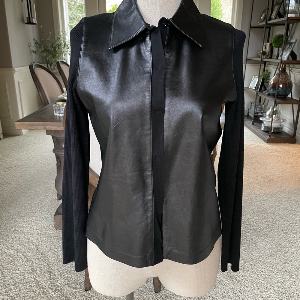 Anne Klein Black Leather and knit Cardigan Sweater
